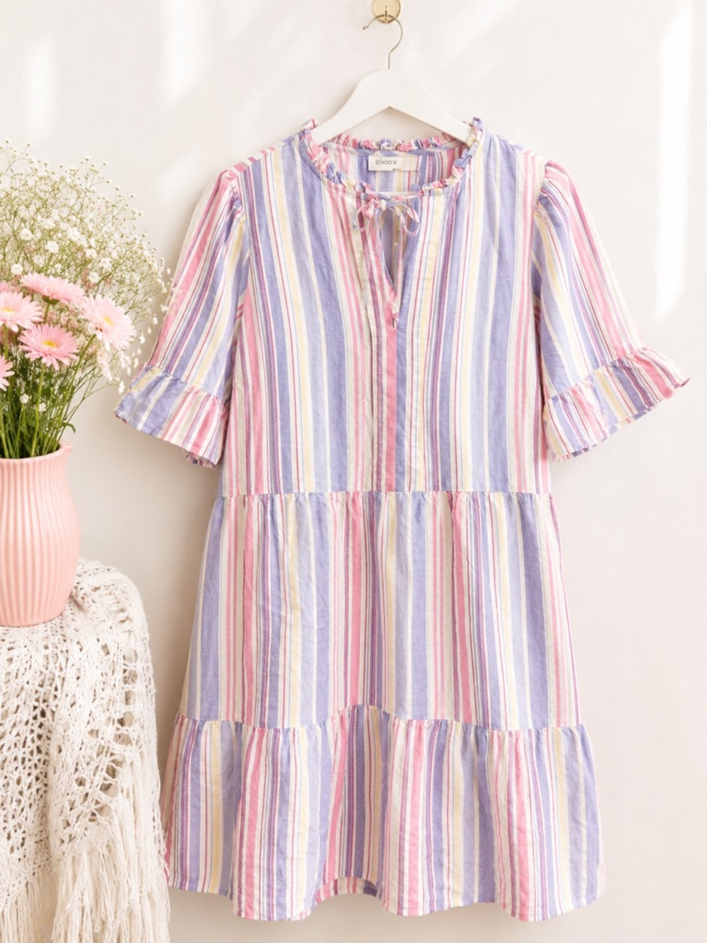 LOFT Petite Large Linen Blend Striped Tiered Dress Ruffle Sleeve